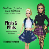 MG 11.5" Fashion Doll - PLEATS & PLAID - Punky knife and box pleated skirts with panels - Downloadable RAD Doll Clothes PDF Sewing Pattern