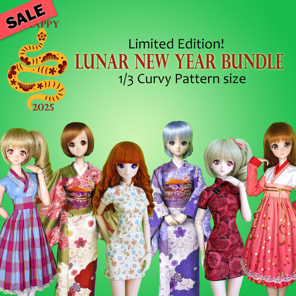 1/3 60cm Lunar New Year Bargain Bundle - Chinese Qipao, Japanese Kimono, Korean Hanbok dresses - Downloadable RAD Doll Clothes PDF Sewing Patterns