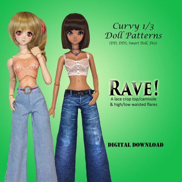 1/3 Rave! 60cm Resin & Vinyl BJD Dolls - Crop top camisole and wide leg flare jeans or pants - Downloadable RAD Doll Clothes PDF Sewing Pattern