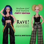 MGC RAVE! 11.5" Curvy Fashion Doll - Crop top camisole and wide leg flare jeans or pants - Downloadable RAD Doll Clothes PDF Sewing Pattern