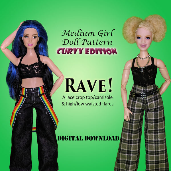 MGC RAVE! 11.5" Curvy Fashion Doll - Crop top camisole and wide leg flare jeans or pants - Downloadable RAD Doll Clothes PDF Sewing Pattern