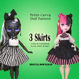 PC 3 SKIRTS 11" Curvy Fashion Doll - Layerable lolita skirts and suspenders - Downloadable RAD Doll Clothes PDF Sewing Pattern