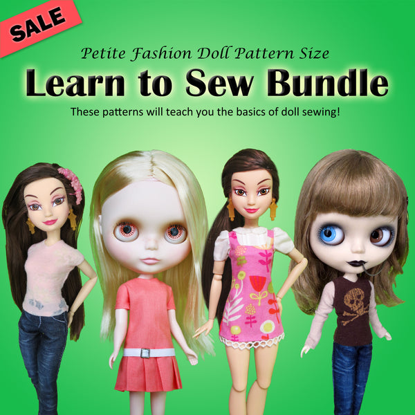 Petite Fashion Doll - Learn To Sew Bundle - Dresses, casuals, jeans & a T-Shirt - Downloadable RAD Doll Clothes PDF Sewing Pattern