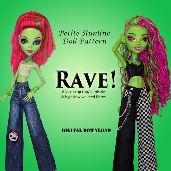 PS Rave! 10.5" Fashion Doll - Crop top camisole and wide leg flare jeans or pants - Downloadable RAD Doll Clothes PDF Sewing Pattern