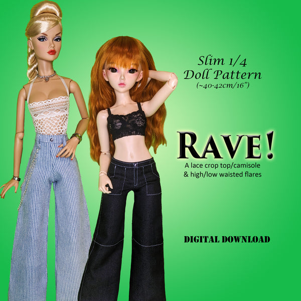 1/4 Rave! 40cm BJD & 16" Fashion Doll - Crop top camisole and wide leg flare jeans or pants - Downloadable RAD Doll Clothes PDF Sewing Pattern