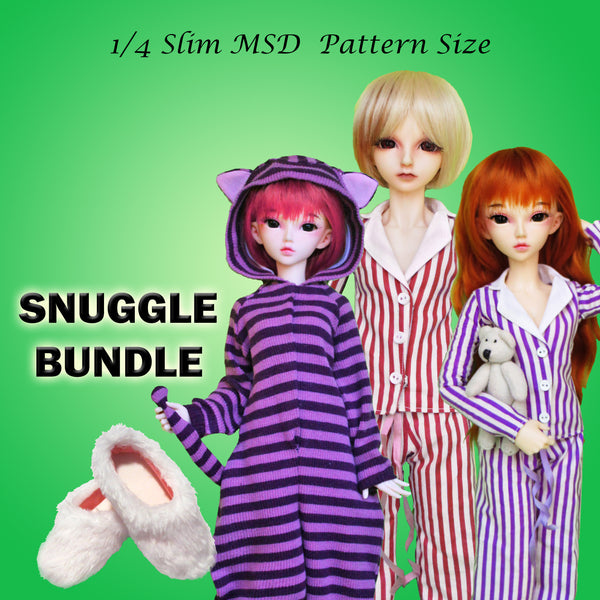 1/4 40cm Slim MSD BJD Snuggle Bargain Bundle - A collection of collared pajamas and Kigurumi PJs with slippers - Downloadable RAD Doll Clothes PDF Sewing Patterns